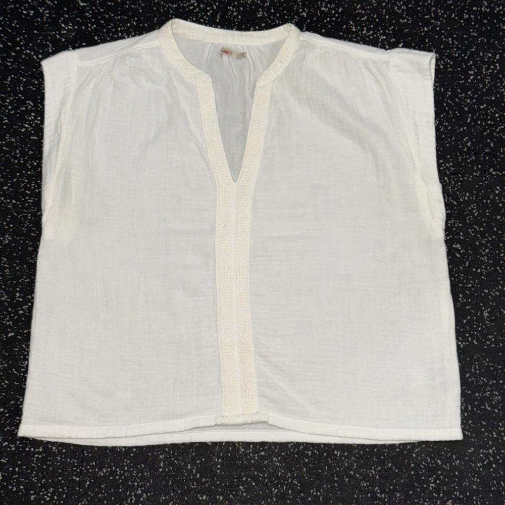 Faherty Womens Med White Organic Cotton Gauze Crochet V-Neck Top Boho Coastal - Picture 1 of 9